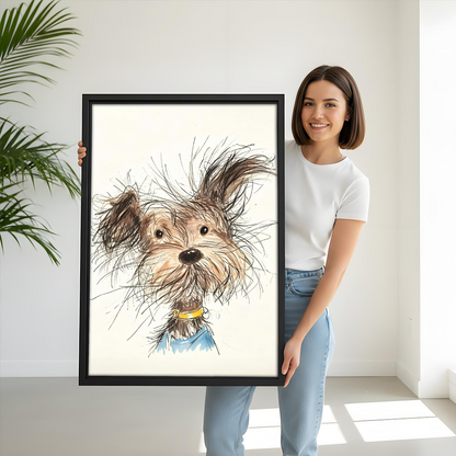 Woman holding large cute scruffy terrier dog watercolor framed canvas print, black frame, size reference lifestyle photo, hand-drawn dog portrait art