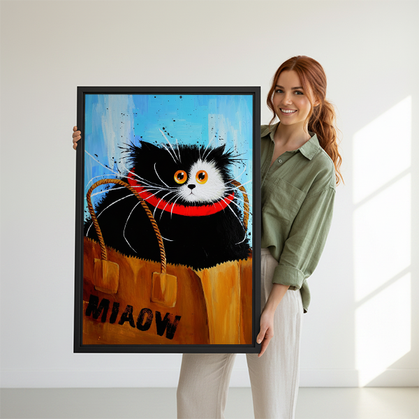 Smiling redhead woman in sage green shirt holding large black and white cat MIAOW shopping bag funny oil painting framed canvas print with orange eyes and red collar in bright white studio with natural light