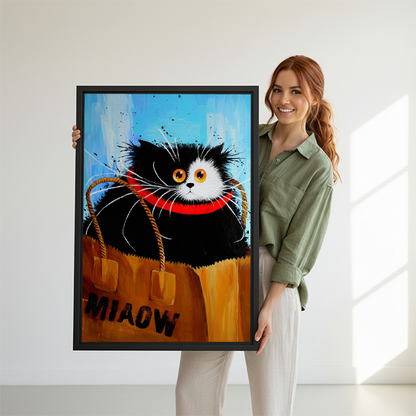 Smiling redhead woman in sage green shirt holding large black and white cat MIAOW shopping bag funny oil painting framed canvas print with orange eyes and red collar in bright white studio with natural light