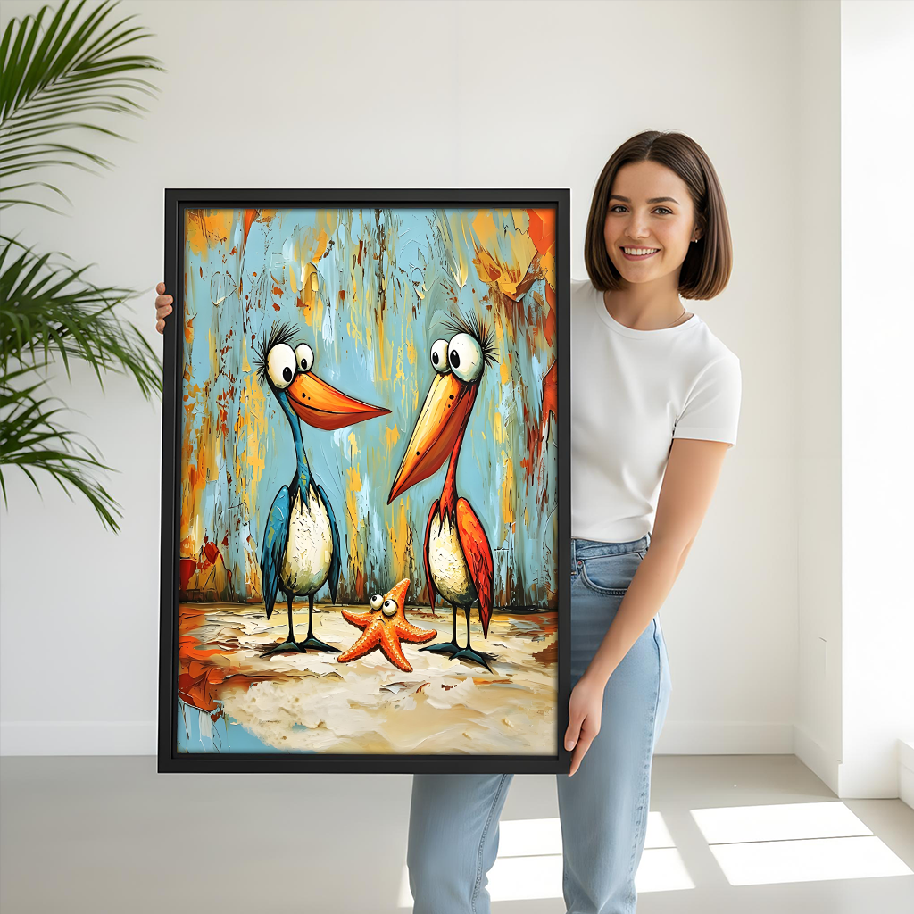 Woman holding large framed funny pelican starfish oil painting art print, colorful coastal home decor gift