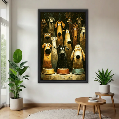 Cartoon dogs waiting food oil painting canvas wall art in black frame above entryway table with plants, funny group of dogs with food bowls living room decor