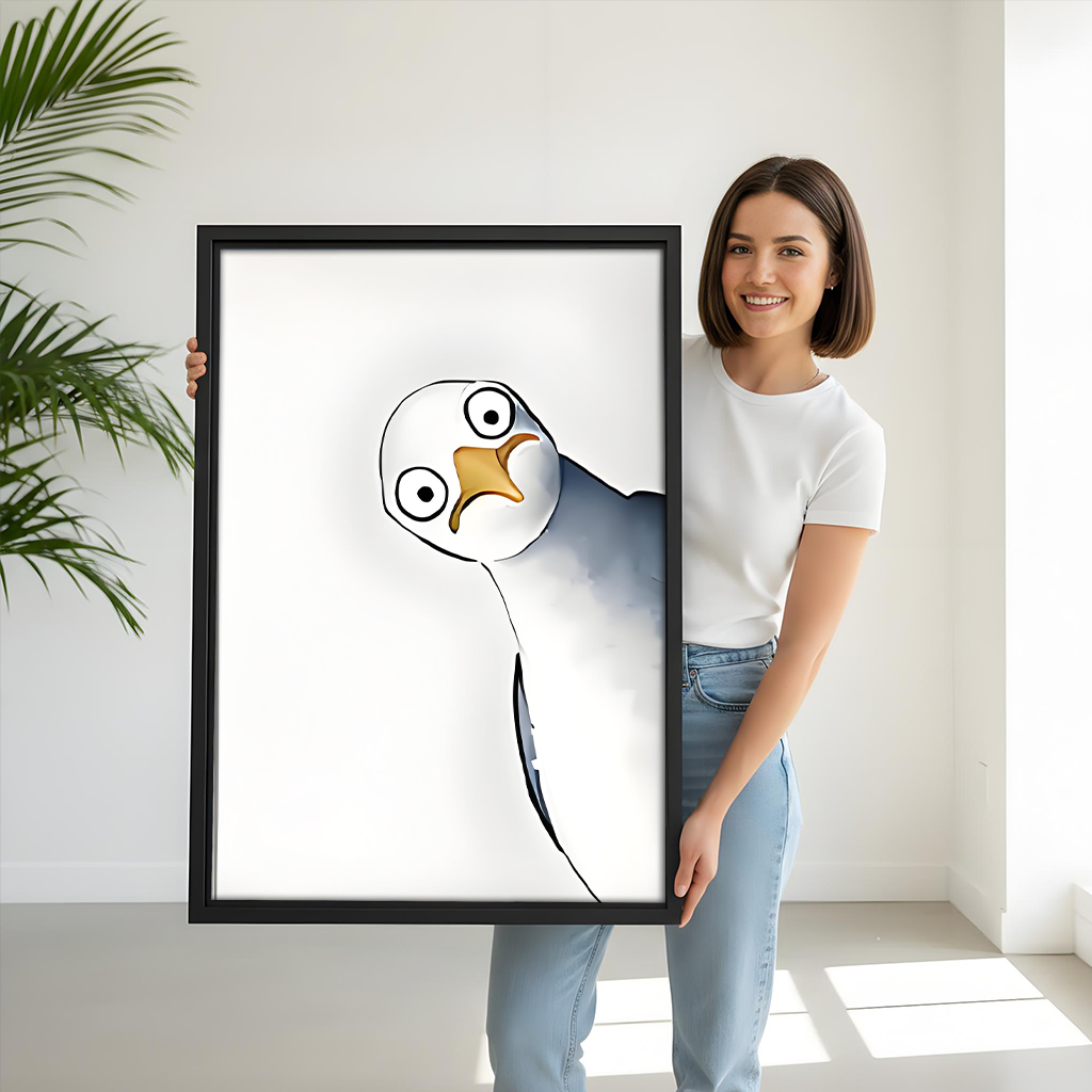 Woman Holding Funny Cartoon Seagull Big Eyes Framed Art Print Size Reference