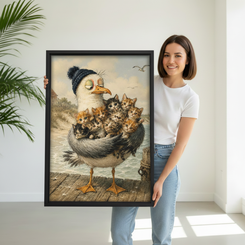 Woman holding large framed seagull with kittens canvas art print, whimsical bird cradling cats wall decor gift for cat lovers