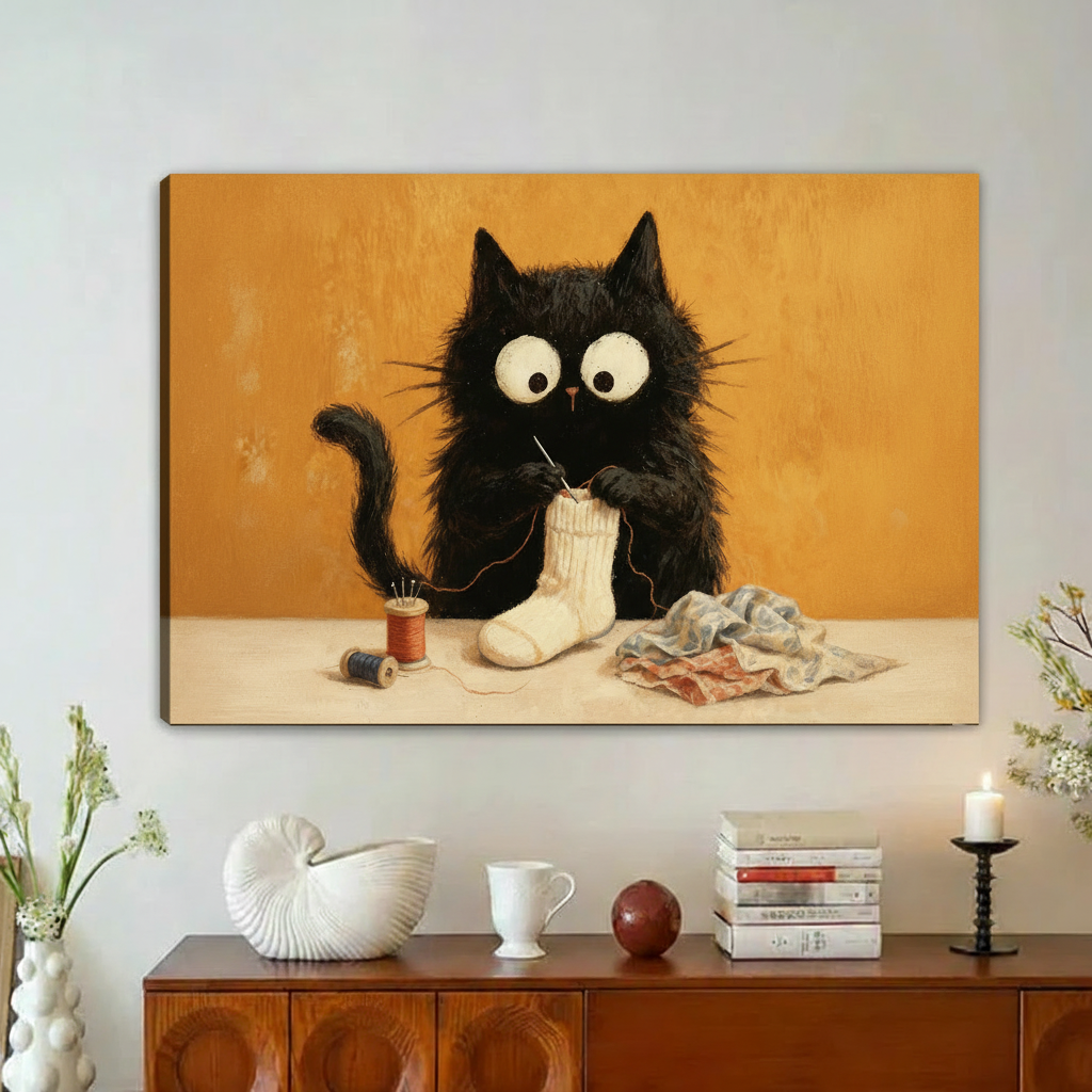 Funny Black Cat Knitting Socks Framed Wall Art – Whimsical Cozy Print for Living Room