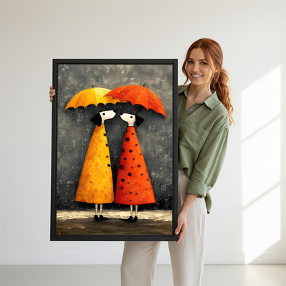 Whimsical Rainy Day Girls Colorful Framed Wall Art l3181