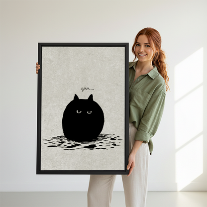 Woman holding large grumpy black cat minimalist funny framed canvas print showing size reference in bright white studio