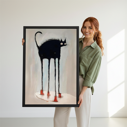 Smiling woman holding large long-legged black cat red boots quirky framed canvas print to show size against white background