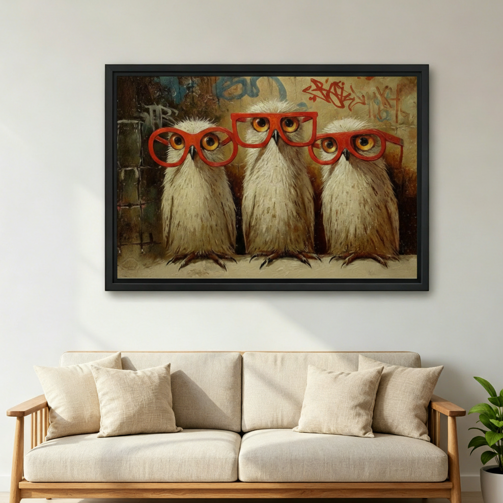 Graffiti style owl canvas wall art in black frame above beige sofa, funny owl trio with red glasses living room decor