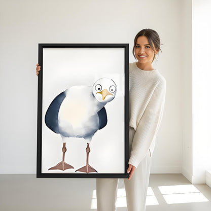 Woman holding large framed seagull art print, oversized funny bird wall art poster for coastal or beach-themed room decor