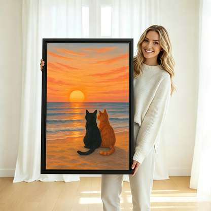 Woman holding large framed two cats sunset beach oil painting canvas print showing actual artwork size