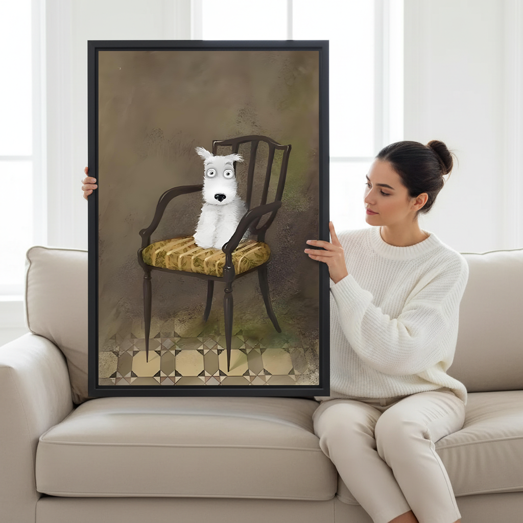 Woman holding large vintage dog portrait framed print to show size on white sofa