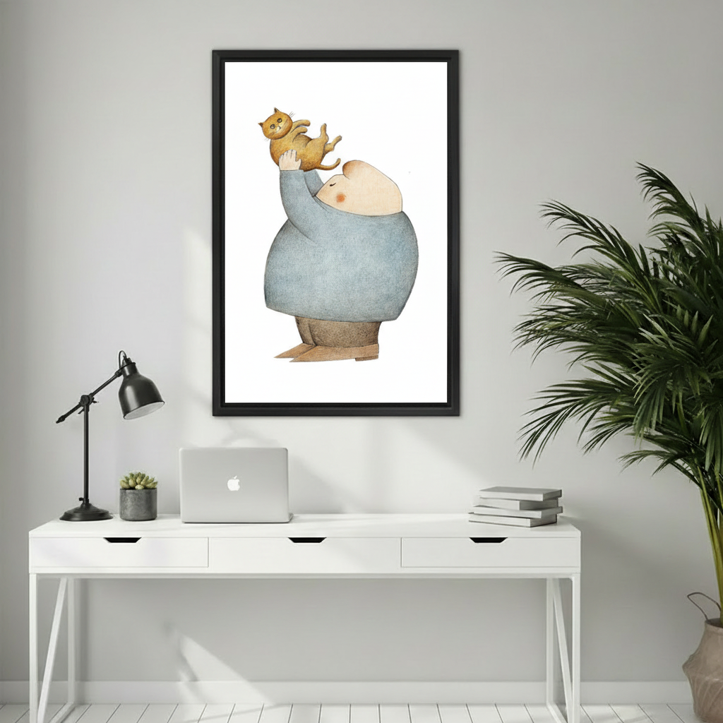 Cat Lover Wall Art Framed Print – whimsical illustration in black frame above white desk in minimalist home office