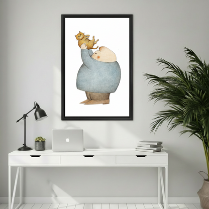Cat Lover Wall Art Framed Print – whimsical illustration in black frame above white desk in minimalist home office