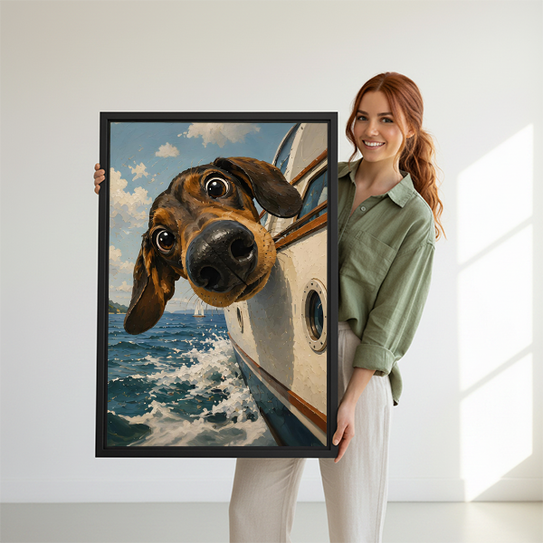 Woman holding large framed canvas print of funny dachshund leaning out of white speedboat on blue ocean illustration wall art