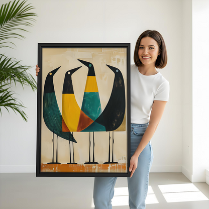 Woman Holding Mid-Century Modern Geometric Birds Quartet Framed Art Print Size Reference