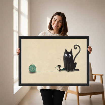 Woman holding cute black cat yarn ball framed canvas print – whimsical wall art gift for cat lovers
