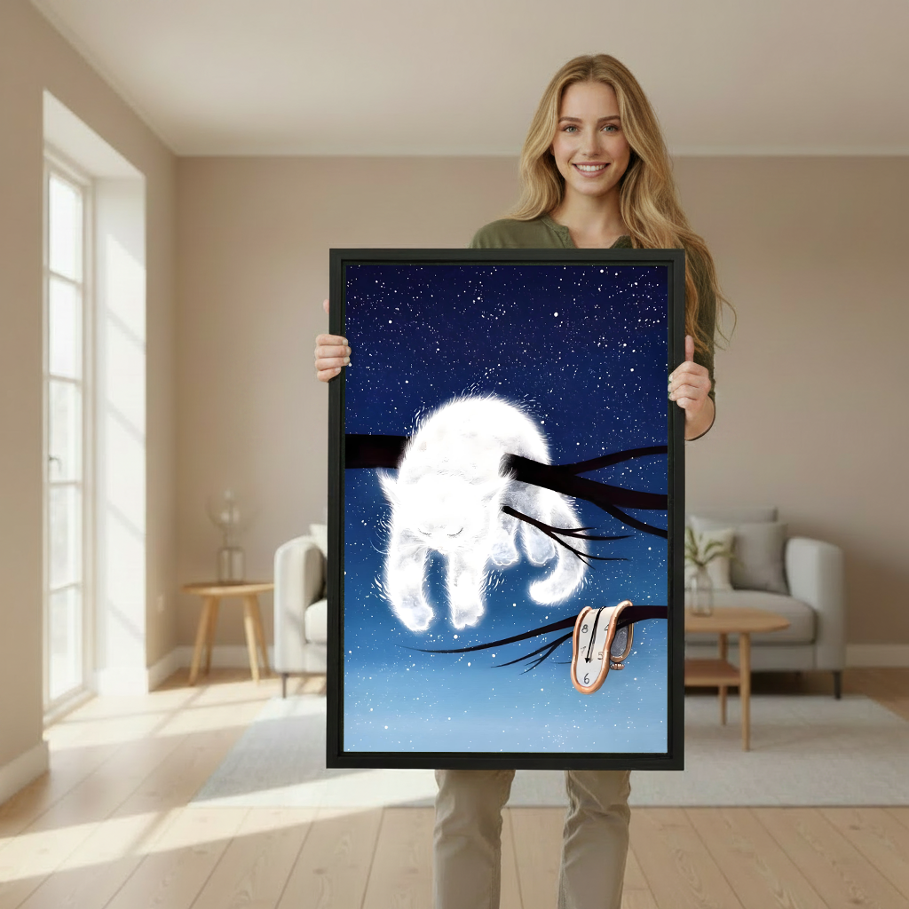 Woman in green shirt holding large white cat starry night surreal framed canvas print with melting clock in bright Scandinavian living room