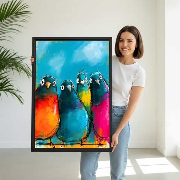 Smiling woman holding large colorful chubby birds expressive oil painting framed canvas print to show size in bright white room with palm plant