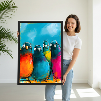 Smiling woman holding large colorful chubby birds expressive oil painting framed canvas print to show size in bright white room with palm plant