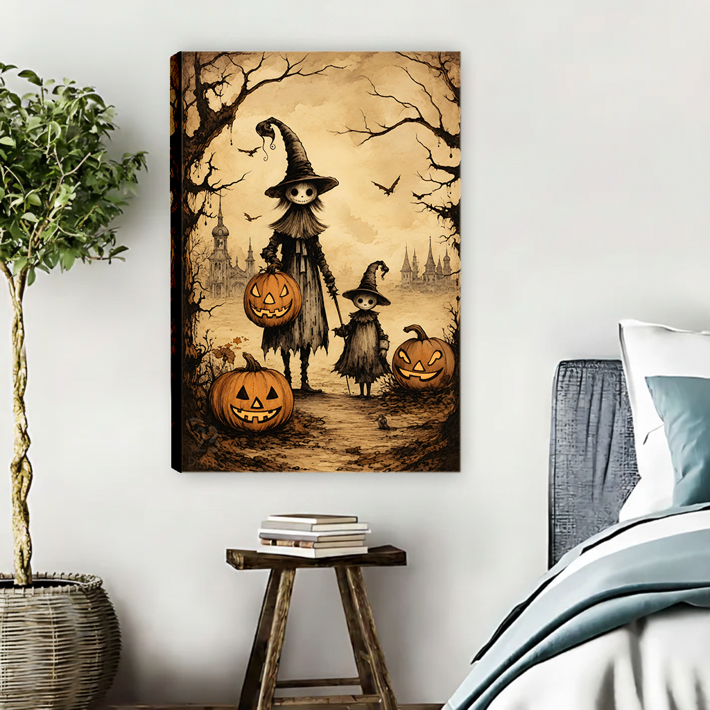Framed witch family Halloween canvas wall art hanging above a sofa in a bright living room