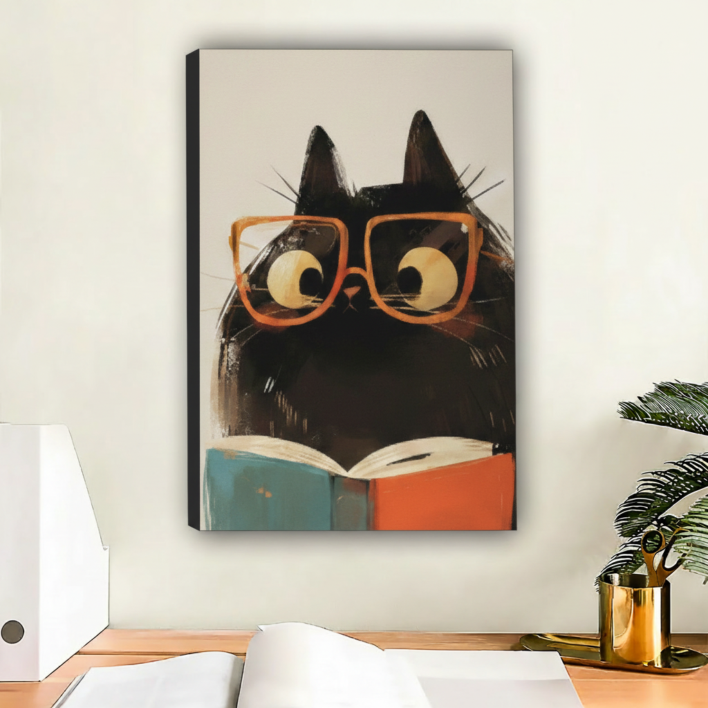 Black Cat Bookworm Framed Poster – Retro Intellectual Reading Cat Wall Decor for Library and Study