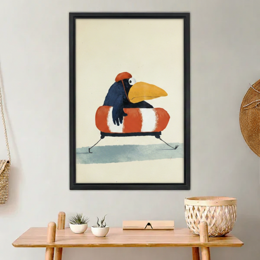 Whimsical bird on scooter framed canvas print hanging above wooden console table in boho entryway decor