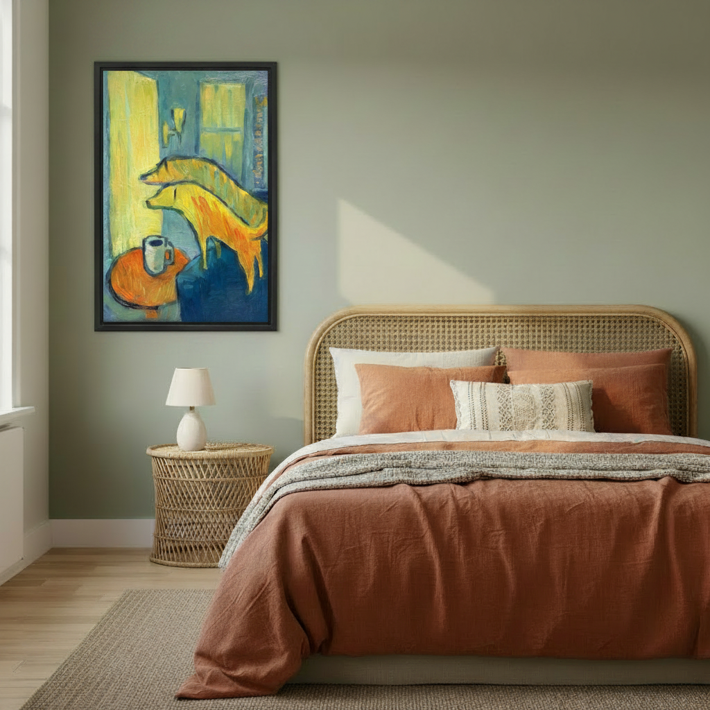 Fauvist golden dog and coffee cup framed canvas wall art on sage green bedroom wall above rattan bed