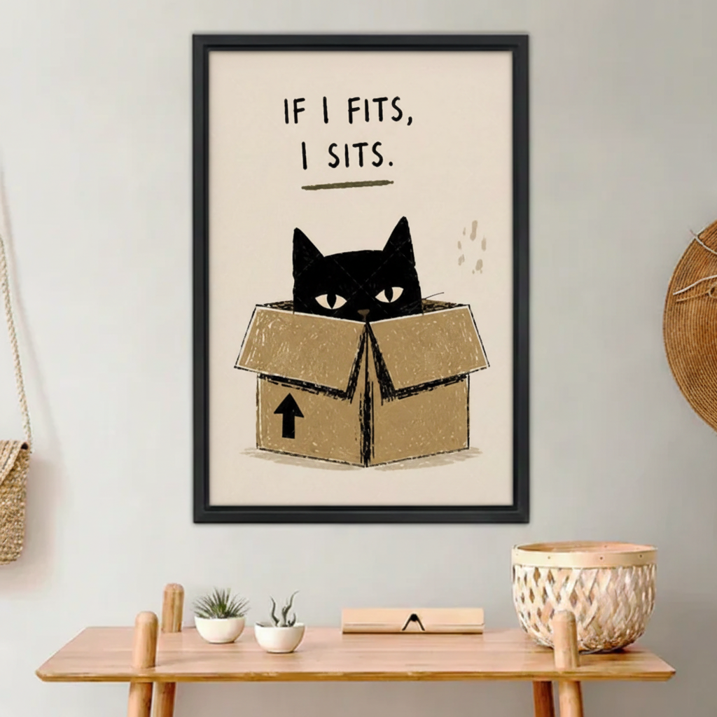 If I Fits I Sits funny black cat framed canvas wall art displayed above a wooden console table