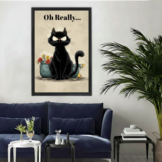"Oh Really" Grumpy Black Cat Vintage Canvas Wall Art l2012