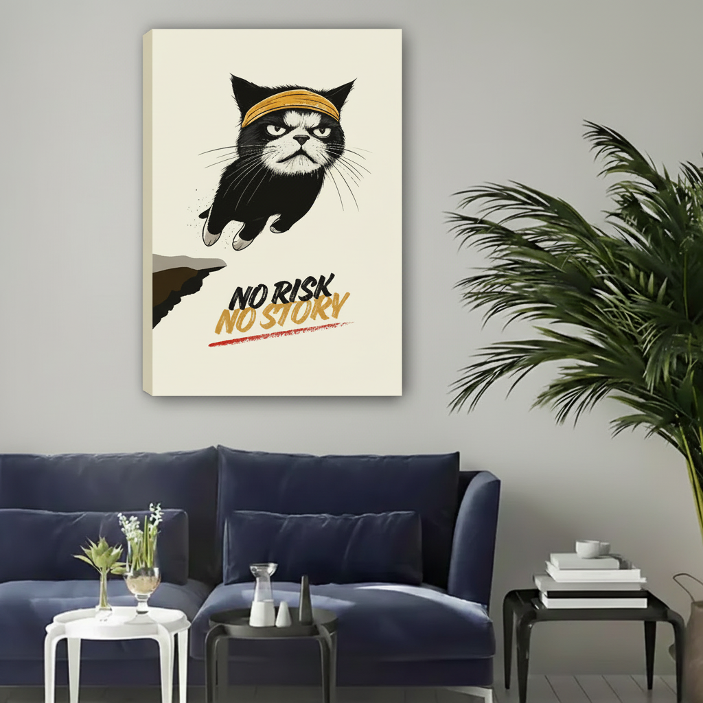 No Risk No Story motivational cat canvas wall art – bold black cat with gold headband leaping fearlessly, framed print close-up