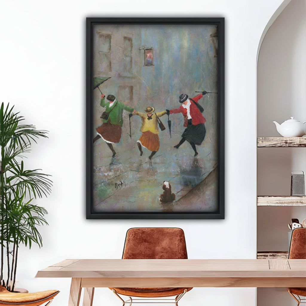 Framed canvas wall art of three women dancing in the rain, vintage oil painting style, dining room decor