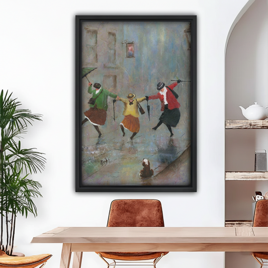 Framed canvas wall art of three women dancing in the rain, vintage oil painting style, dining room decor