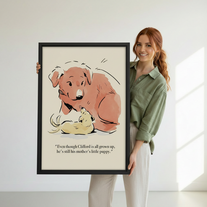 Woman holding large framed dog mom art print – puppy love illustration, heartwarming gift for dog lovers