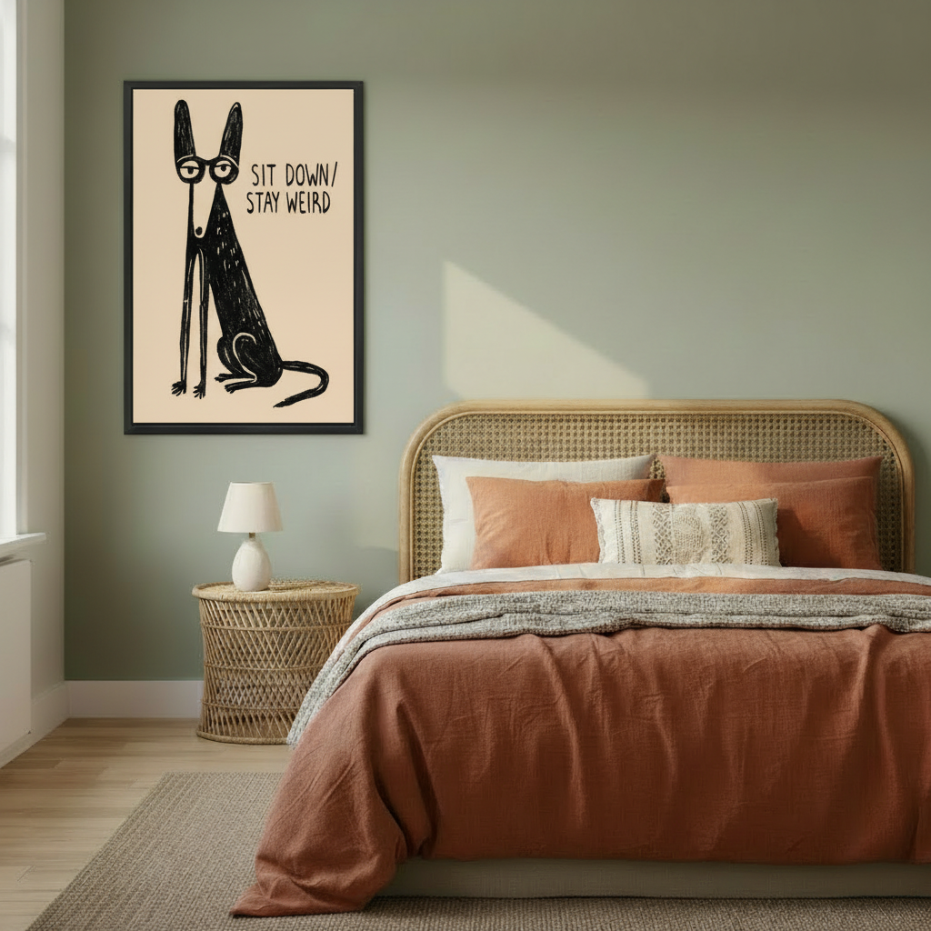 Stay Weird dog wall art black frame in boho bedroom with sage green walls and rattan headboard