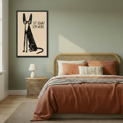 Stay Weird dog wall art black frame in boho bedroom with sage green walls and rattan headboard