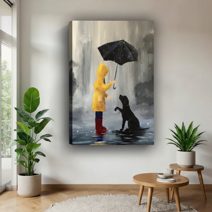 Girl sheltering dog in rain gallery wrap canvas art in bright Scandinavian living room