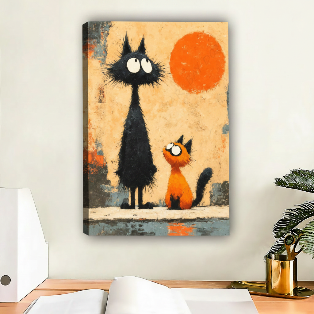Whimsical Black Orange Cat Duo Wall Art Canvas Print l2031