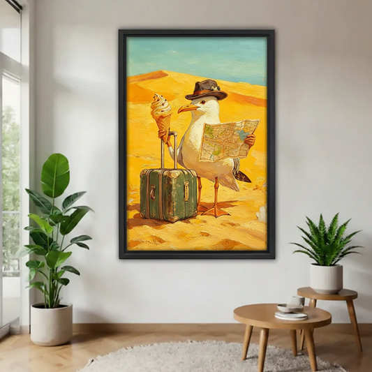 Whimsical seagull desert traveler framed canvas wall art above entryway table with plants, oil painting style funny bird holding map and ice cream