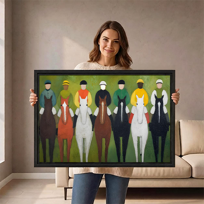 	Woman holding large framed abstract horse racing jockeys wall art print size reference