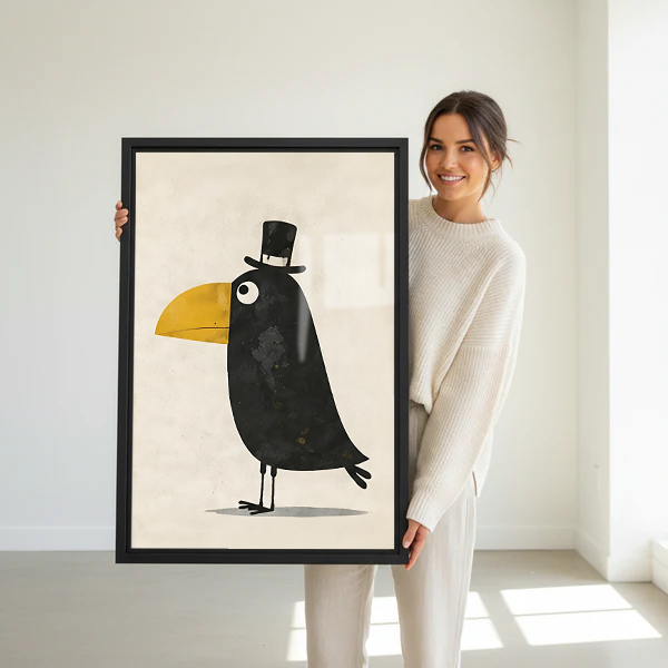 Woman holding a large framed whimsical dapper toucan top hat wall art print in a bright white studio