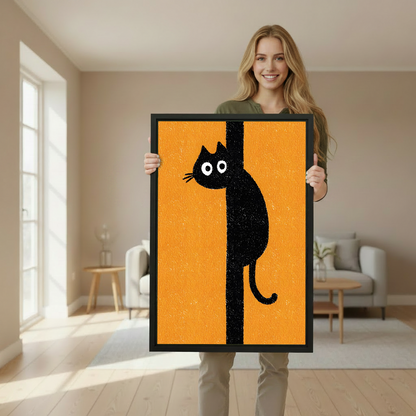 Woman holding large funny black cat clinging pole orange cartoon framed wall art print showing actual print size