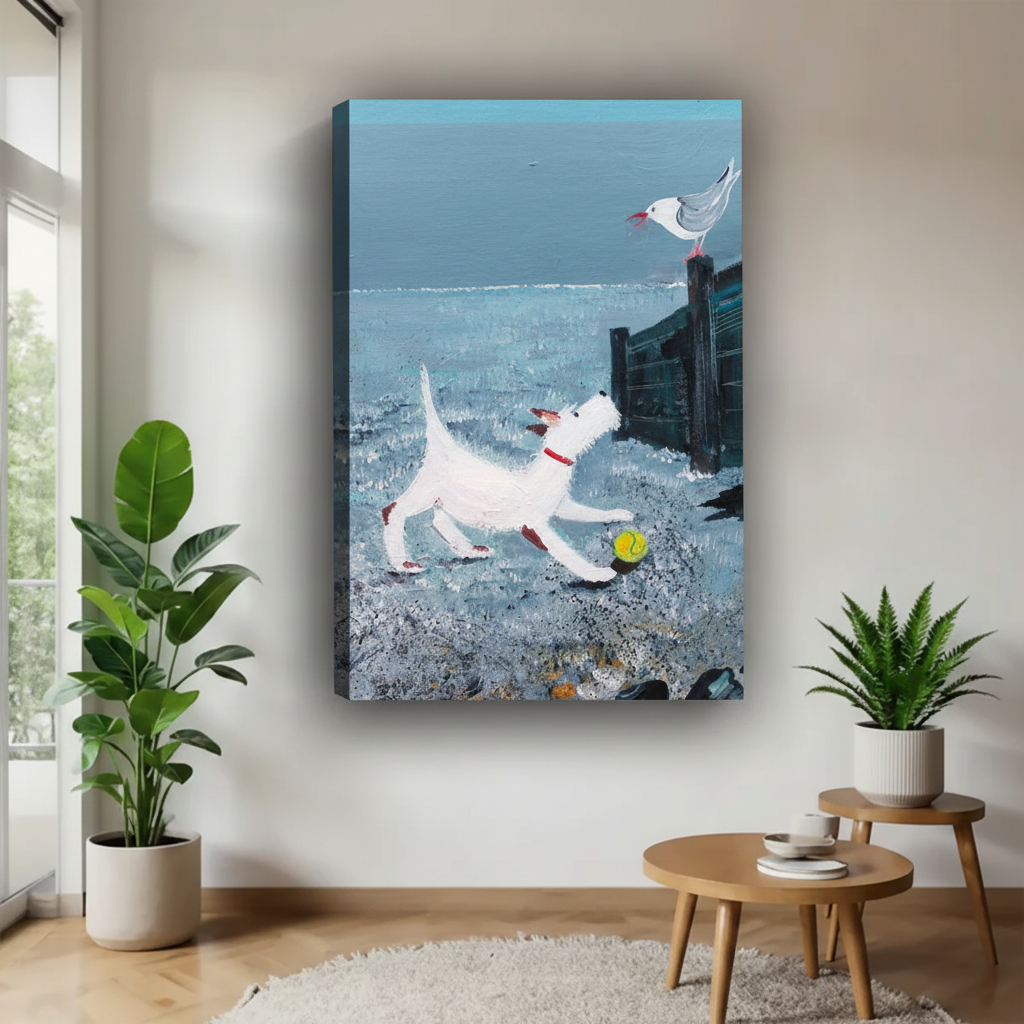Coastal white dog chasing seagull gallery wrap canvas art in bright modern living room with tropical plants