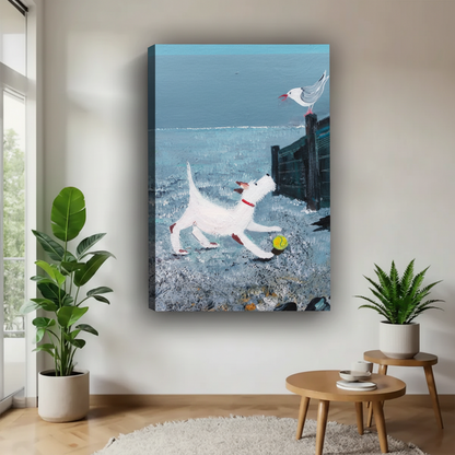 Coastal white dog chasing seagull gallery wrap canvas art in bright modern living room with tropical plants