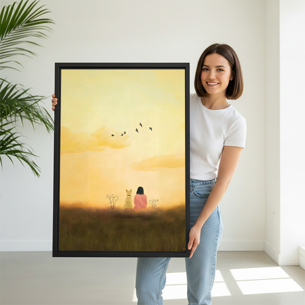 Woman holding large sunset girl and dog framed canvas art size reference
