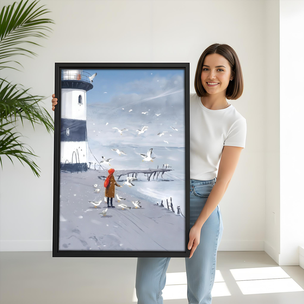 Woman Holding Winter Lighthouse Girl Seagulls Framed Art Print Size Reference