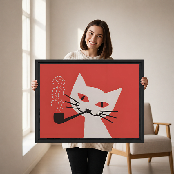 Smiling woman holding large mid-century cat smoking pipe retro framed print to show size in bright living room with armchair