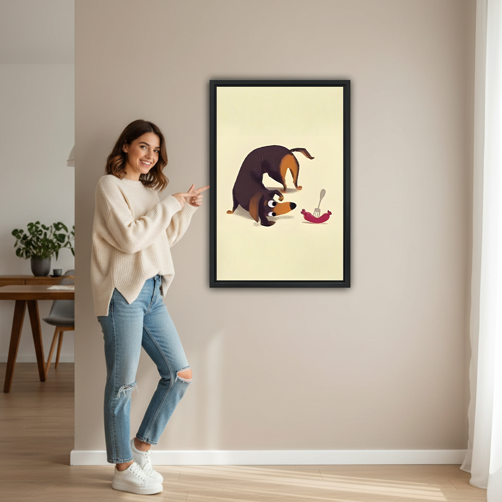 Funny dachshund sausage dog wall art print in black frame – woman pointing at whimsical pet illustration in modern living room