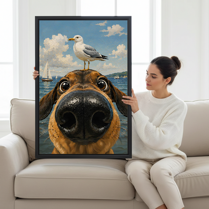Woman holding large framed canvas print of funny dachshund selfie with seagull on head ocean sailboat illustration wall art