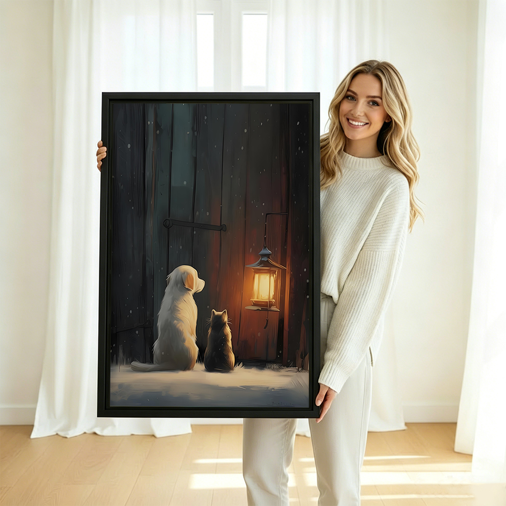 Woman in white sweater holding large dog and cat winter night lantern framed canvas print in bright room with sheer curtains