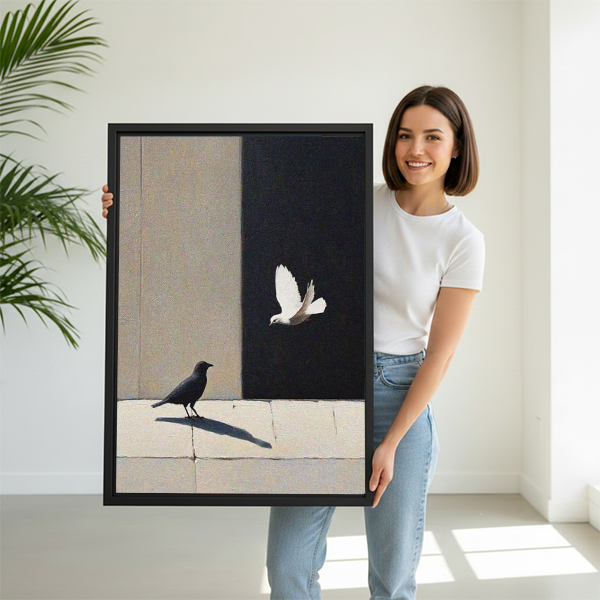 Woman holding black white bird minimalist framed canvas art print size reference